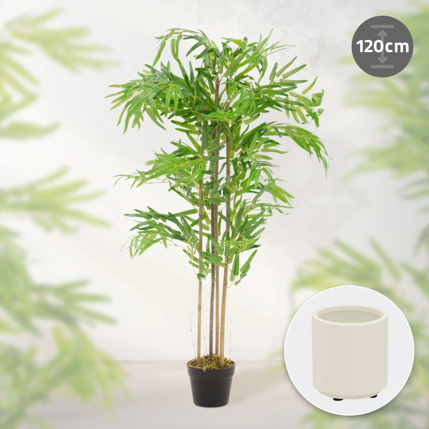 ML-Design künstlicher Bambus, 120 cm, mit Echtholzstamm im Topf. Dekorative Kunstpflanze für Innen und Außen.