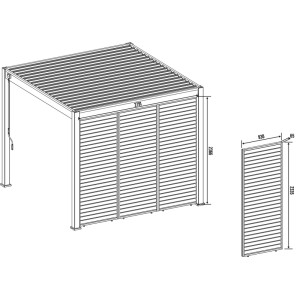 Skizze: Weide Lamellenwand in Holzoptik, anthrazit, für Pergola, mit Maßangaben.