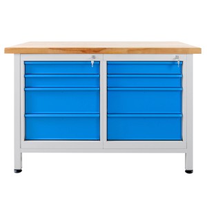 PROREGAL Werkbank Rhino mit 8 Schubladen, lichtgraues Gestell, blaue Schubladen und Buchenholzplatte.
