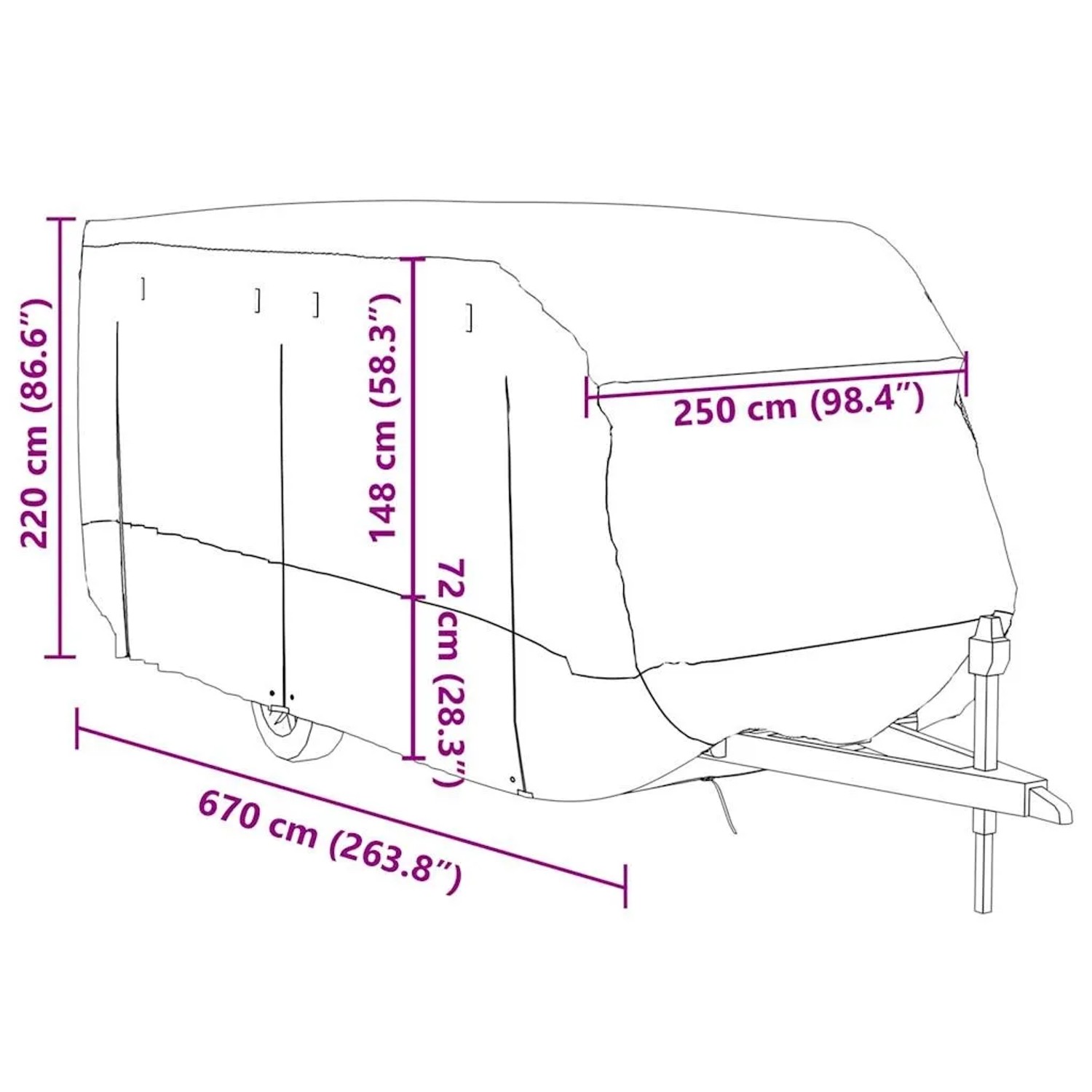 Graue vidaXL Schutzhülle für Wohnwagen, 670x250x220 cm, aus Vliesstoff, schützt vor Frost und Witterung.