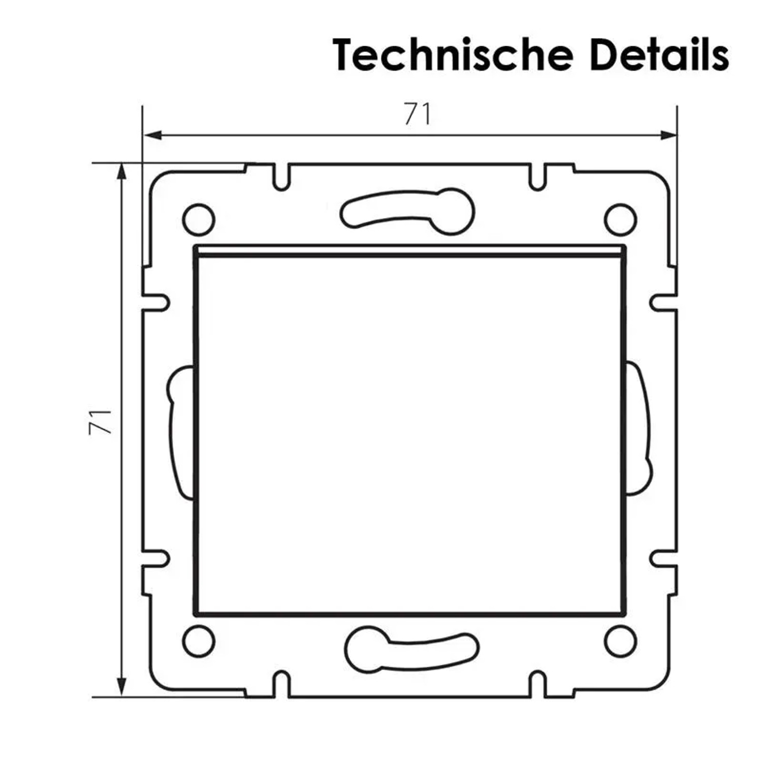 Technische Zeichnung Kanlux LOGI Wechselschalter, Maße 71x71mm, ohne Rahmen.