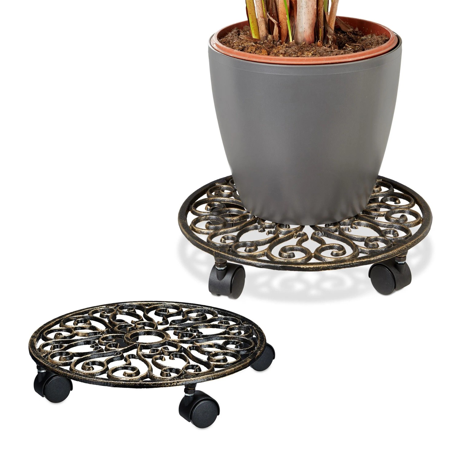Relaxdays Pflanzenroller 2er Set Gusseisen Bronze 7,5 cm x 34 cm 1,9 kg