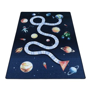 Marineblauer Ayyildiz Kinderteppich mit Weltraum-Design, Planeten, Astronaut und nummeriertem Spielpfad. Robust, pflegeleicht.