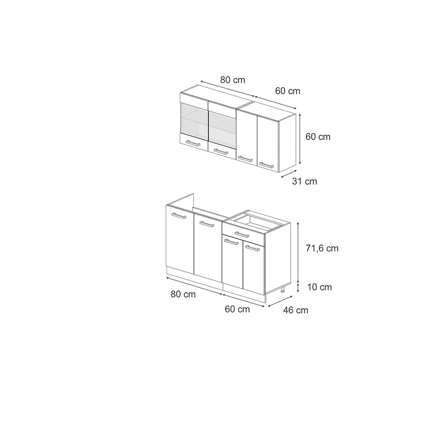 Skizze der Vicco R-Line Mini-Küche, 140 cm, blau-graue Fronten, anthrazitfarbener Korpus, ohne Arbeitsplatte.