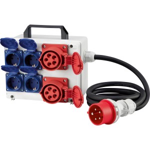 Wetterfester Stromverteiler IP44 für Außenbereich mit 4 Steckdosen und 2 CEE-Anschlüssen.