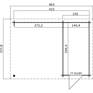 Grundriss Lasita Holz-Gartenhaus Wibo, 465x337,8 cm, Schwedenrot mit Anbaudach.