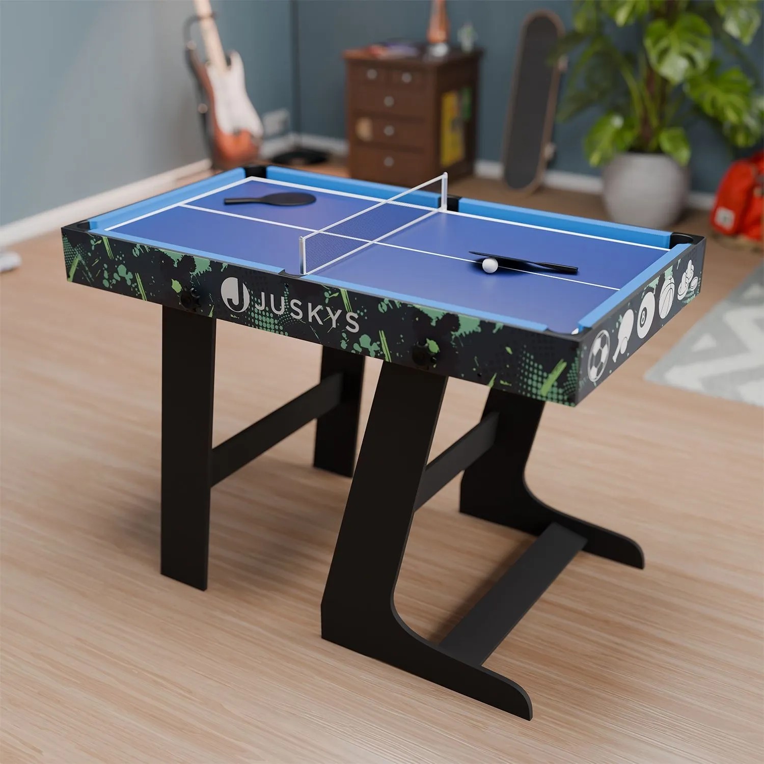 Juskys 5in1 Multi-Spieltisch Ballzauber mit Tischtennisplatte, Kicker, Billard, Hockey und Basketball.