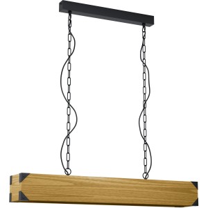 Eglo Pendelleuchte Harborough in Schwarz-Braun mit Holzbalken und Kettenaufhängung.
