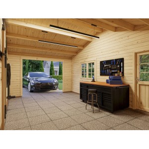 Naturbelassene Palmako Garage Roger aus Holz mit Auto, Werkbank und Werkzeugwand. FSC®-zertifiziert.