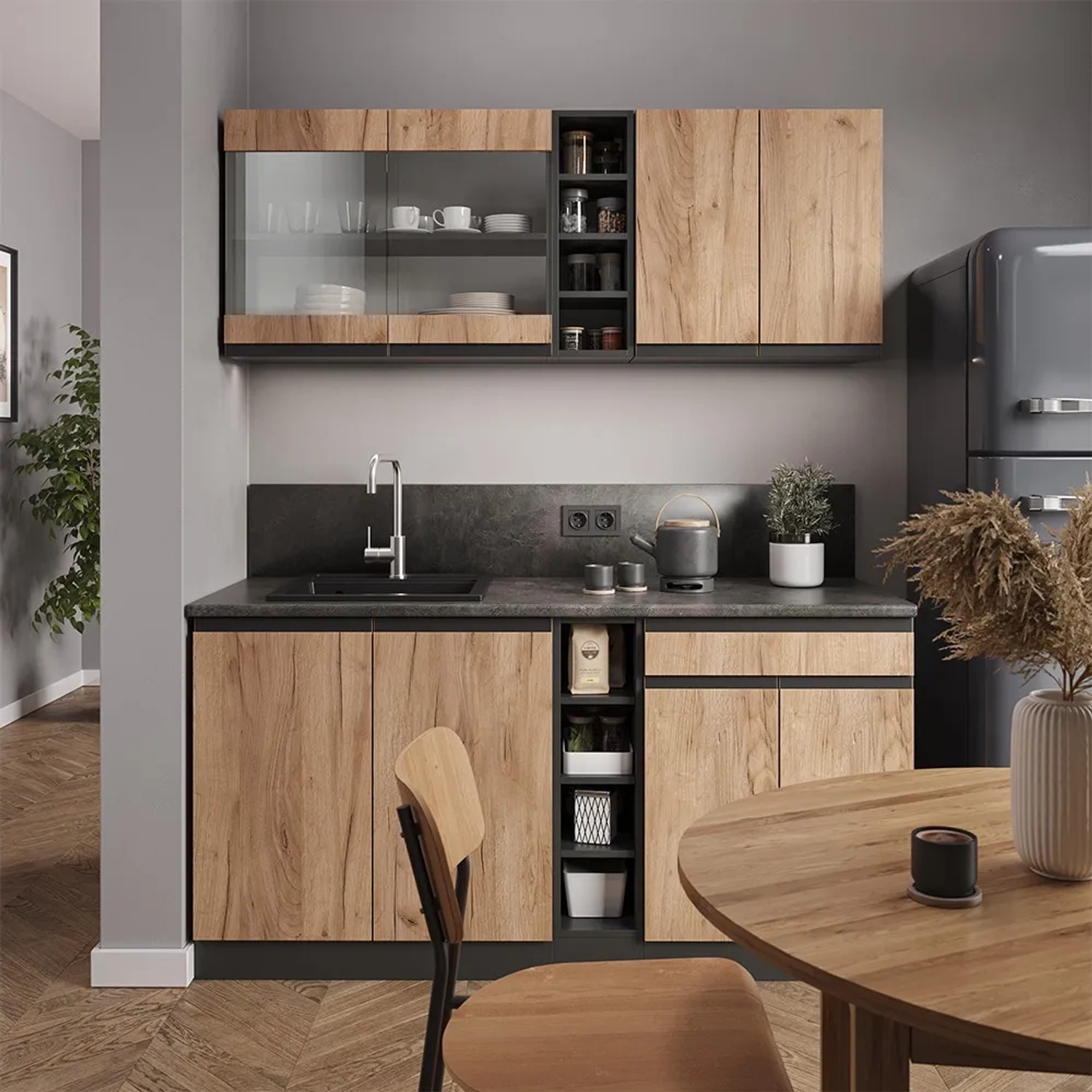 Vicco Singleküche in Eiche/Anthrazit, 160 cm breit. Kompakte Küchenzeile mit Arbeitsplatte.