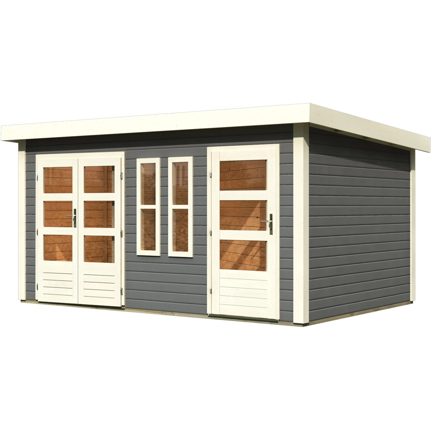 Terragraues Karibu Holz-Gartenhaus Vännersborg mit Flachdach und Fenstern.