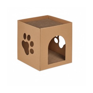 Braunes Katzenhaus aus Pappe mit integriertem Kratzbrett, großem Eingang und Pfoten-Fenster. Ideal als Katzenversteck.