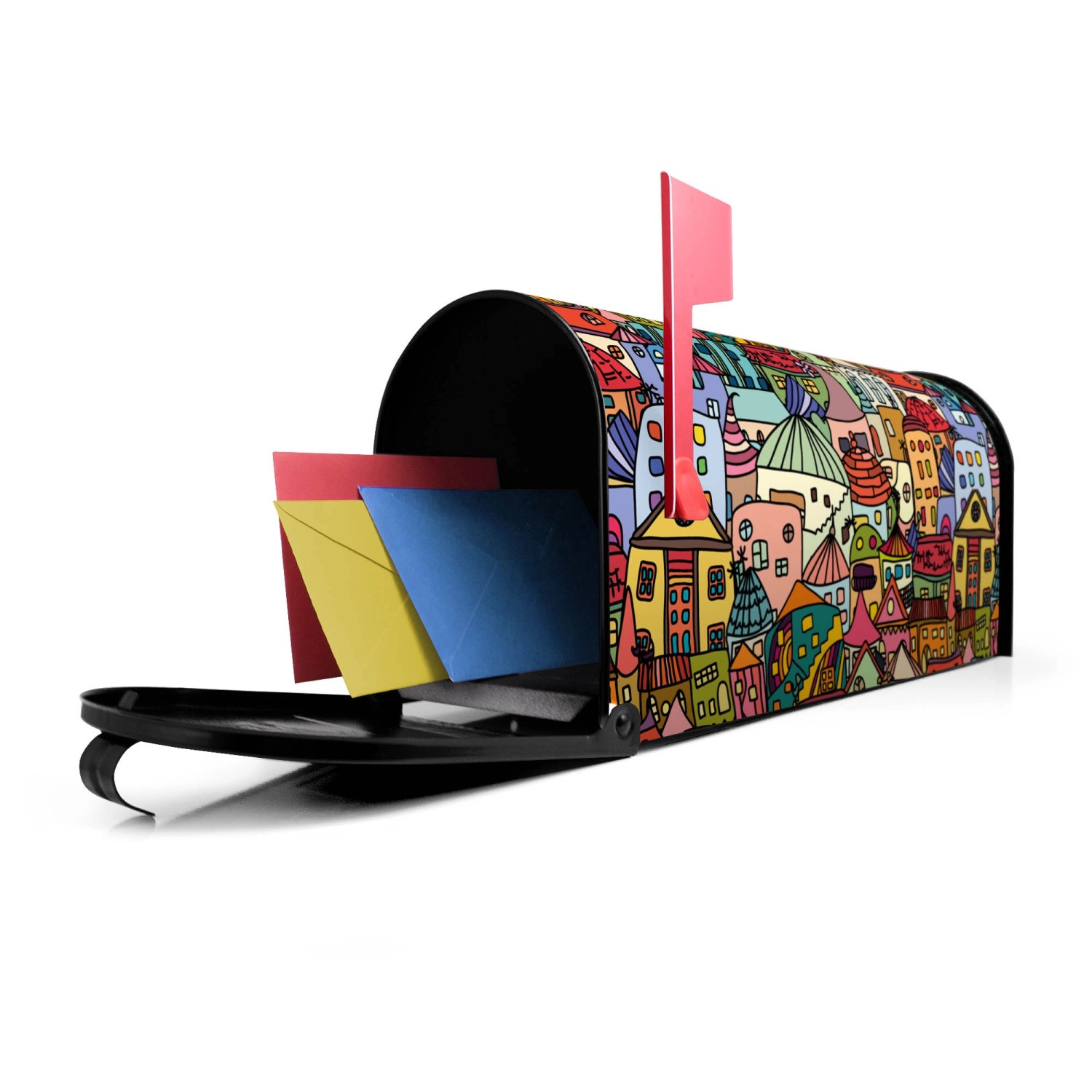Offener, schwarzer Banjado US Briefkasten mit Funky Town Motiv und roter Fahne. Briefe ragen heraus.