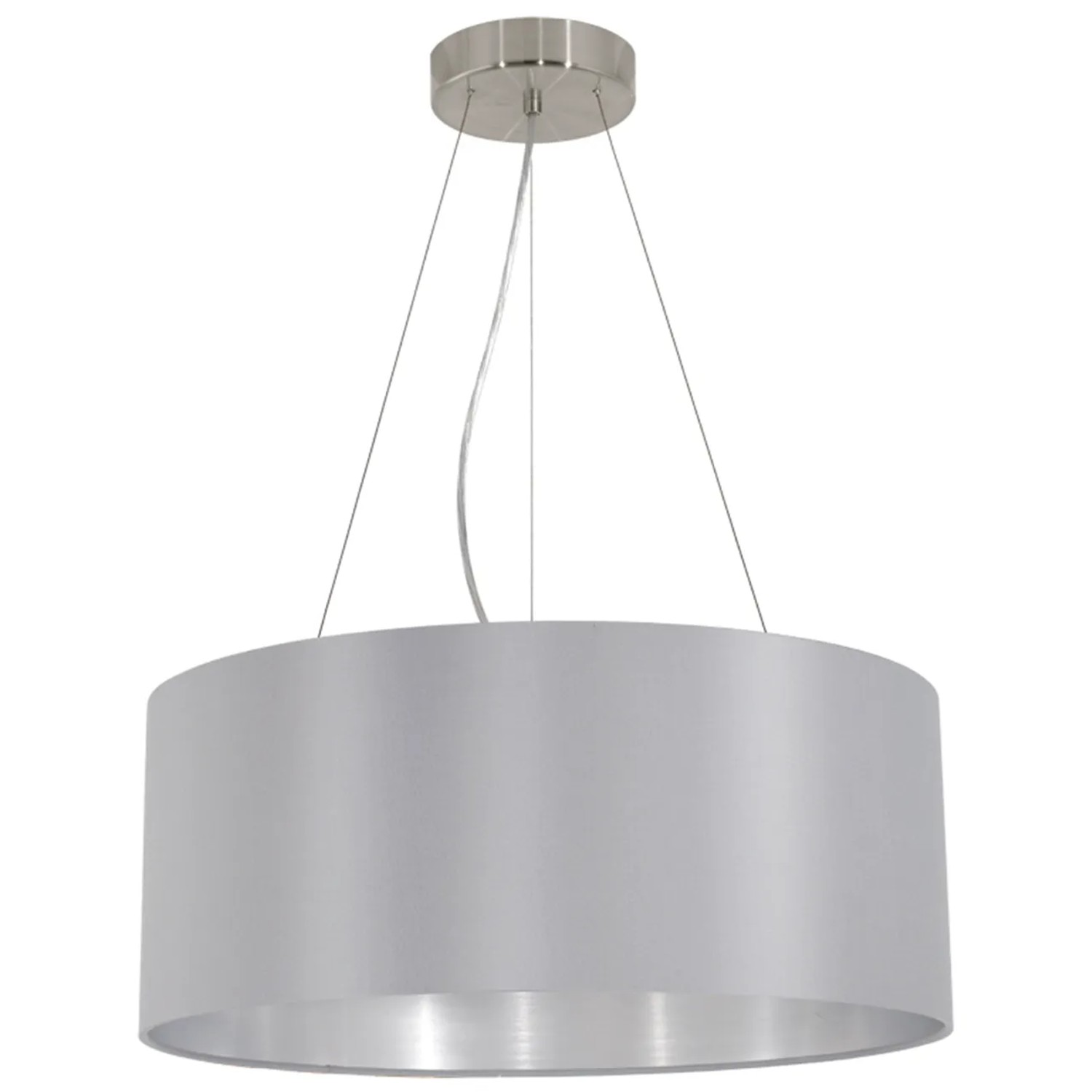 Graue Eglo Pendelleuchte Maserlo, 3-flammig, Stoffschirm, modernes Design.