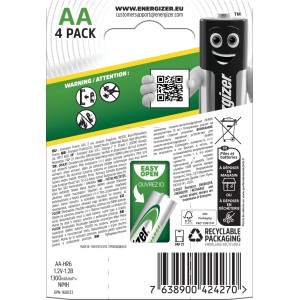Energizer Akku Universal AA Mignon 1300 mAh 4er-Pack, Rückseite der Verpackung.