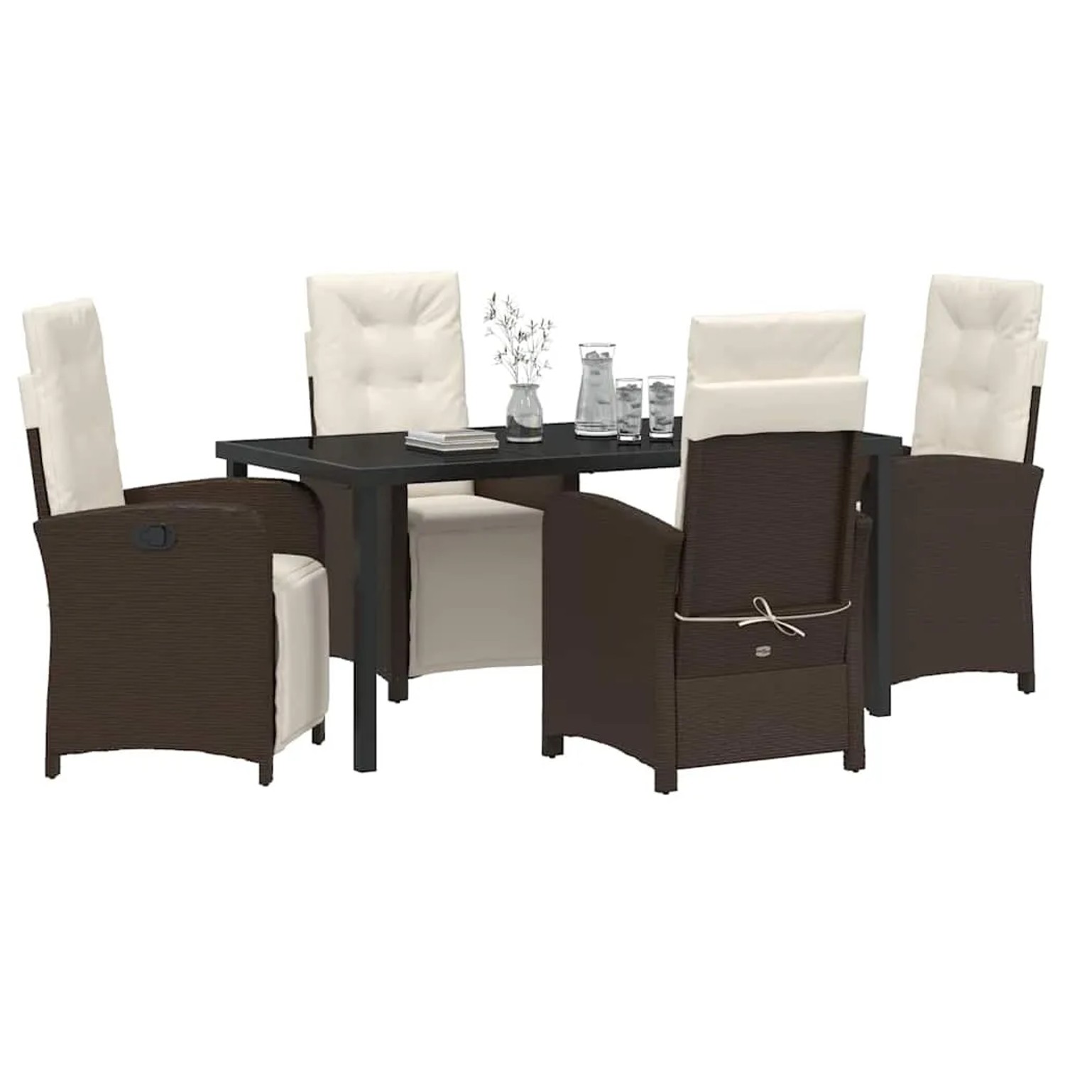 Braune 5-tlg. vidaXL Garten Essgruppe aus Poly Rattan mit Tisch und Stühlen mit Auflagen.