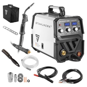 STAHLWERK MIG MAG 200 ST Schweißgerät mit Zubehör für Schutzgas- und E-Hand-Schweißen bis 200 Ampere.