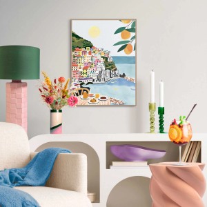 Gerahmtes Bild Amalfiküste, mehrfarbig, 40x30 cm. Wandbild mit Küstenmotiv für Wohnzimmer.