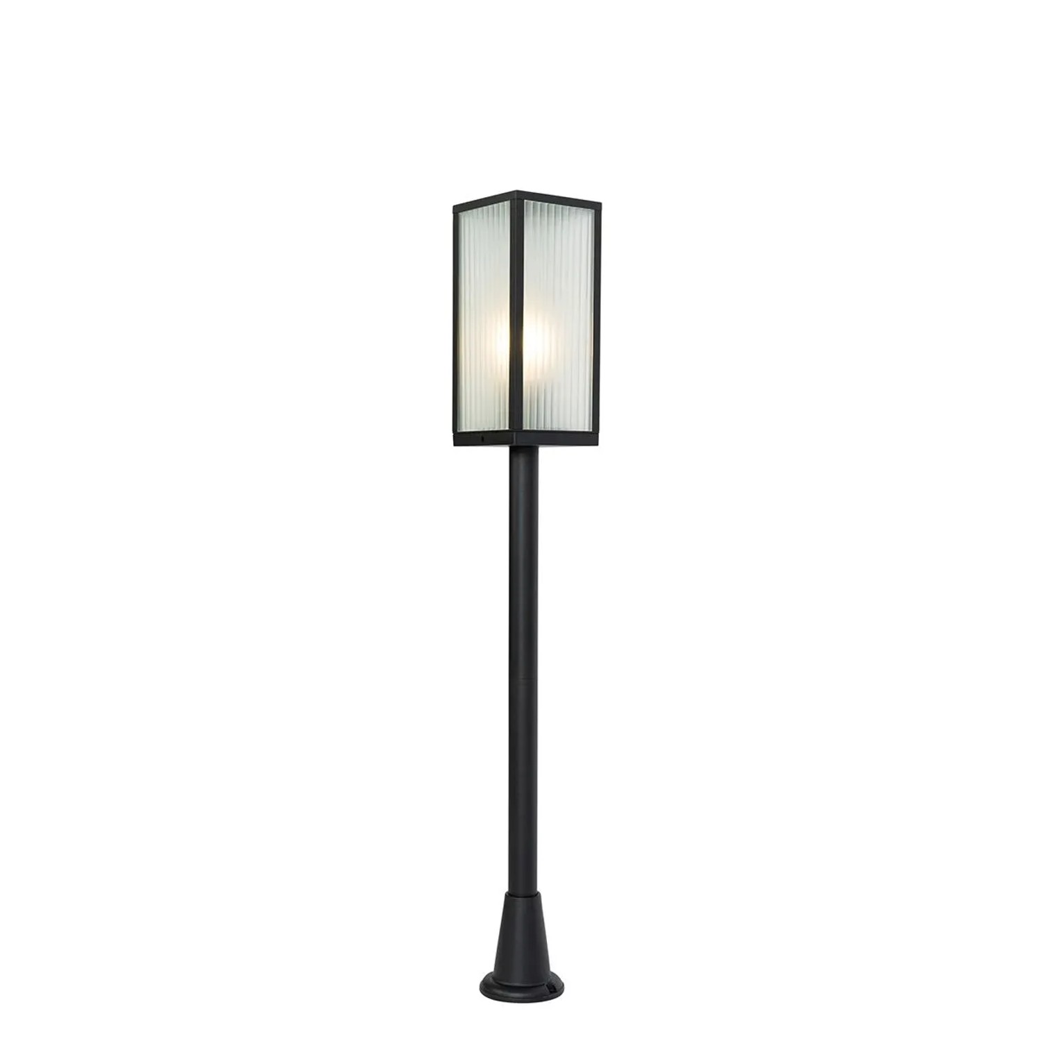 Schwarze QAZQA Außen Stehleuchte Charlois Ribbed mit geriffeltem Glas, 100 cm hoch.