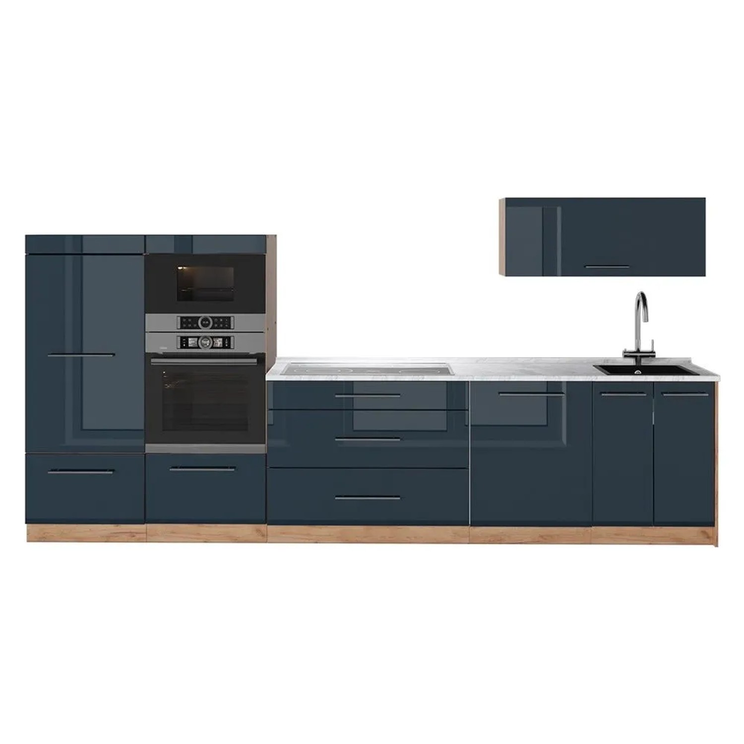 Vicco Küchenzeile Fame-Line Dunkelblau Hochglanz/Goldkraft Eiche 340 x 154 AP Marmor Art Nr 65754