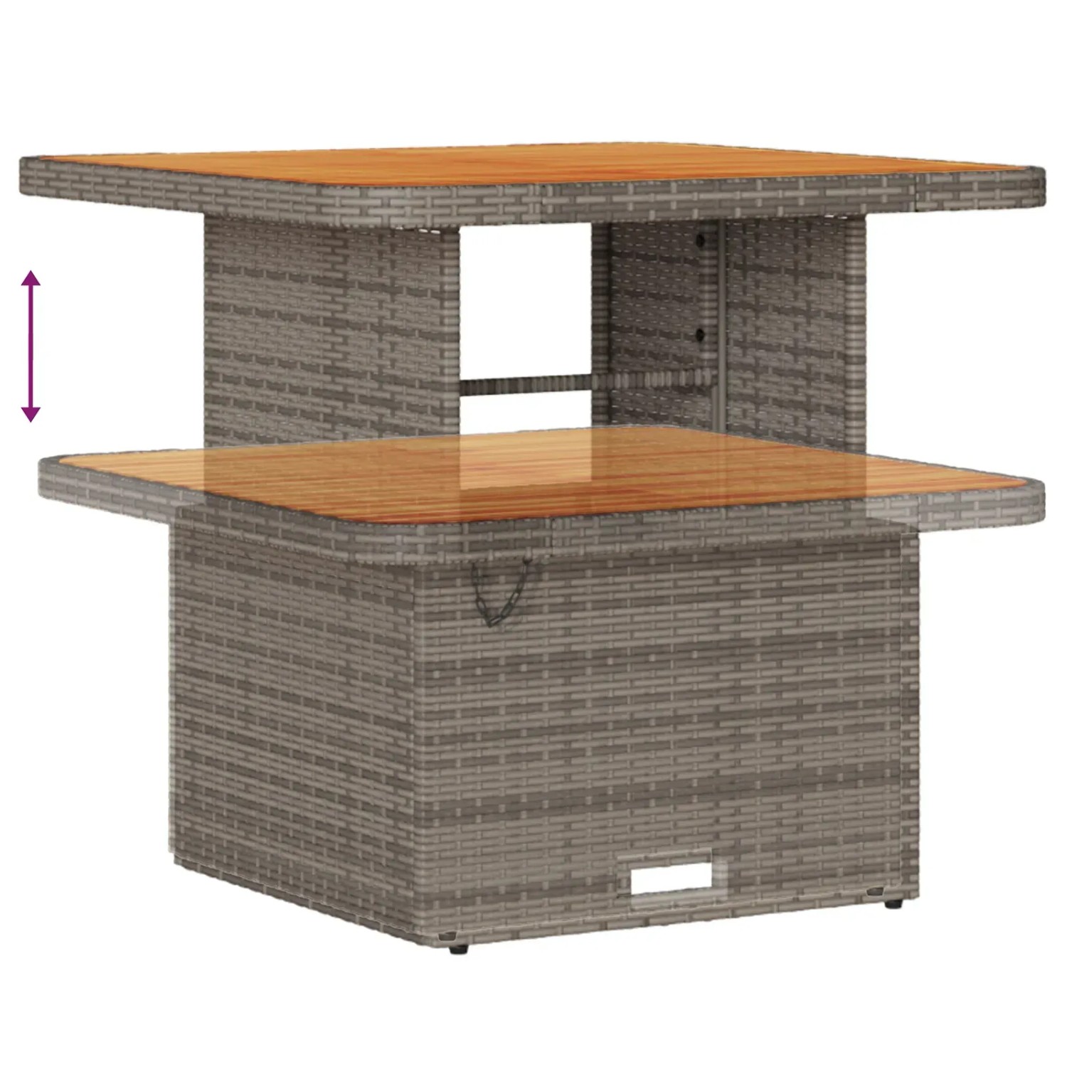 Grauer vidaXL Gartentisch aus Polyrattan mit Akazienholzplatte, höhenverstellbar.