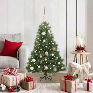 Grüner künstlicher Weihnachtsbaum, 120 cm, mit 150 warmweißen LEDs und rosa Kugeln, festlich dekoriert.