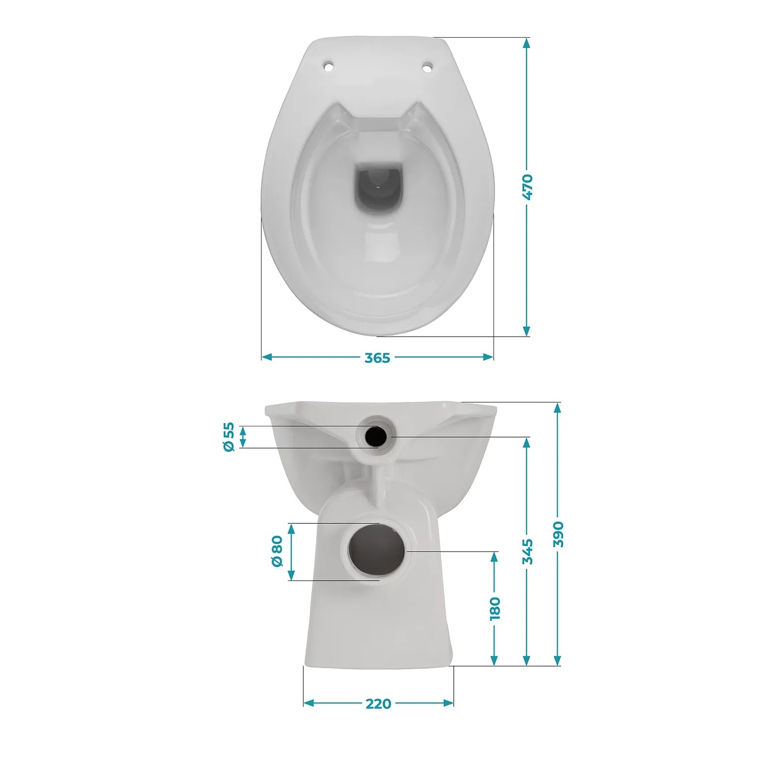 Calmwaters Stand-WC, spülrandlos, Manhattan-Grau, mit Maßangaben in der technischen Zeichnung.