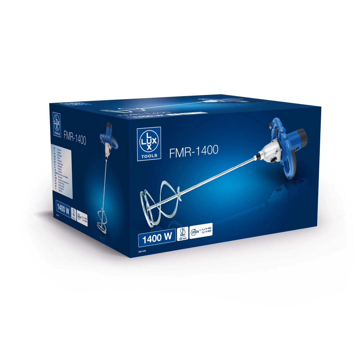 Verpackung des LUX Rührwerk 1.400 W, ein Werkzeug zum Mischen von Farben und anderen Materialien.