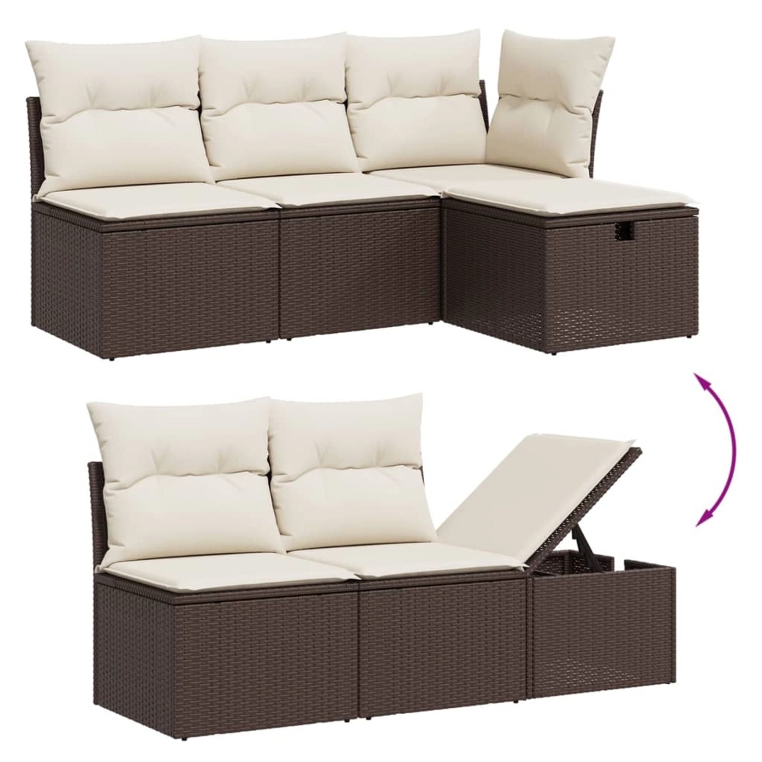 Braune 6-tlg. vidaXL Garten-Sofagarnitur aus Rattan mit cremefarbenen Kissen und Stauraum.