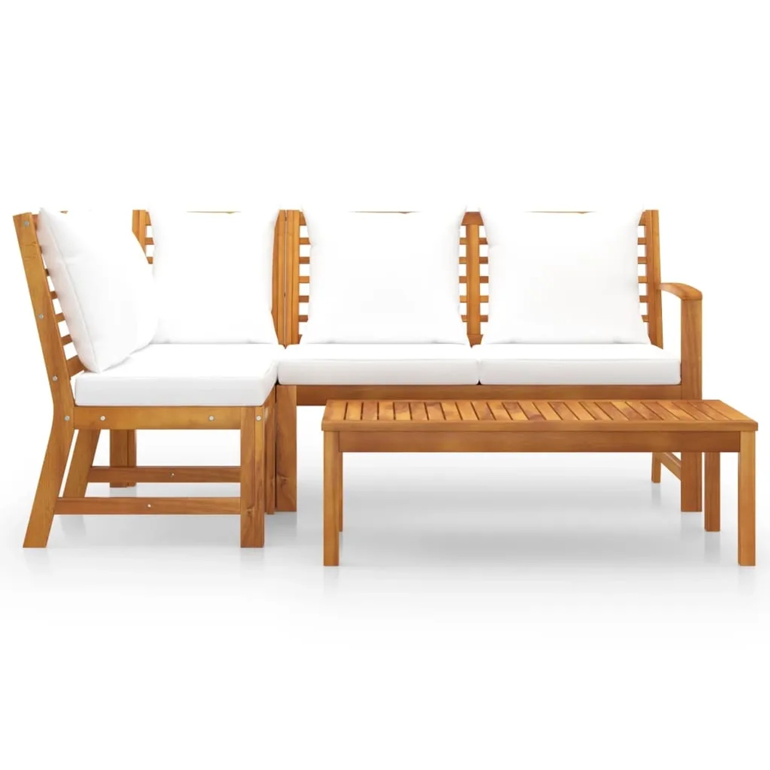 4-tlg. Gartenlounge-Set aus Akazienholz mit creme-weißen Auflagen und Tisch.