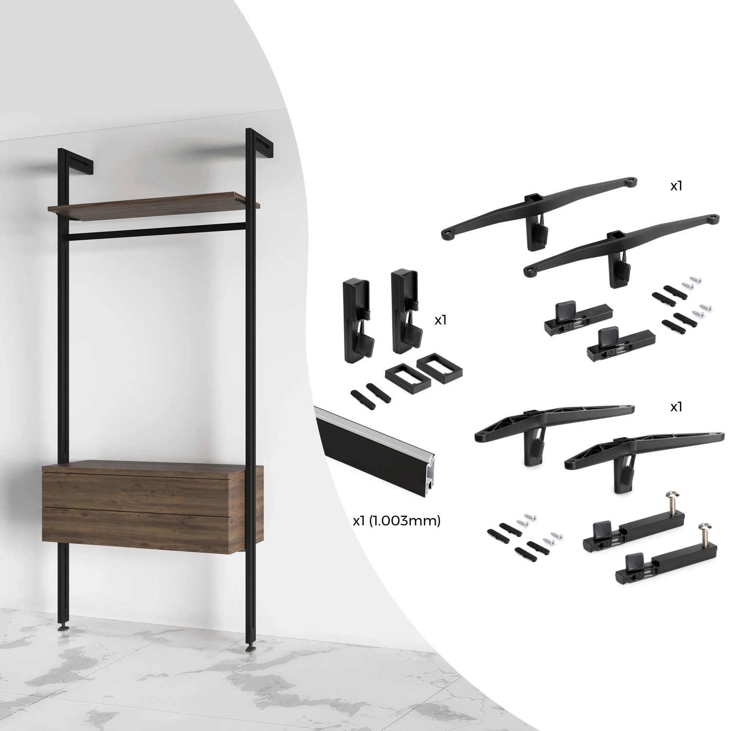 Emuca Set aus Bracket Set für 1 Holzregal 1 Modul und 1 Aufhängestange Länge 1m Zero Zamak Farbe Steingrau Lackiert