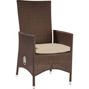 Brauner Gartensessel Davenport II aus Polyrattan mit verstellbarer Rückenlehne und beigem Sitzkissen.