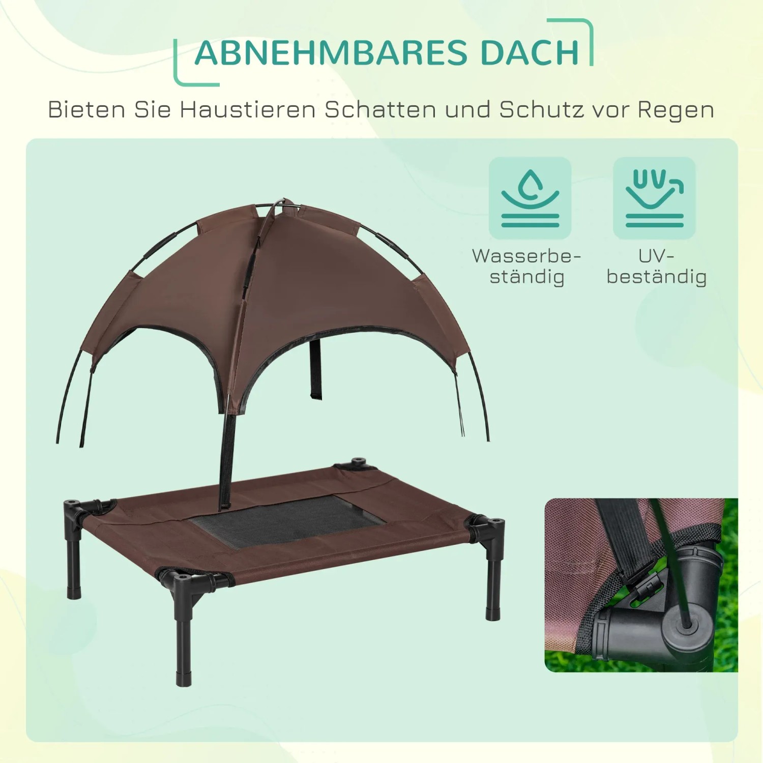 Braunes PawHut Hundebett mit Baldachin, erhöht und klappbar für den einfachen Transport.