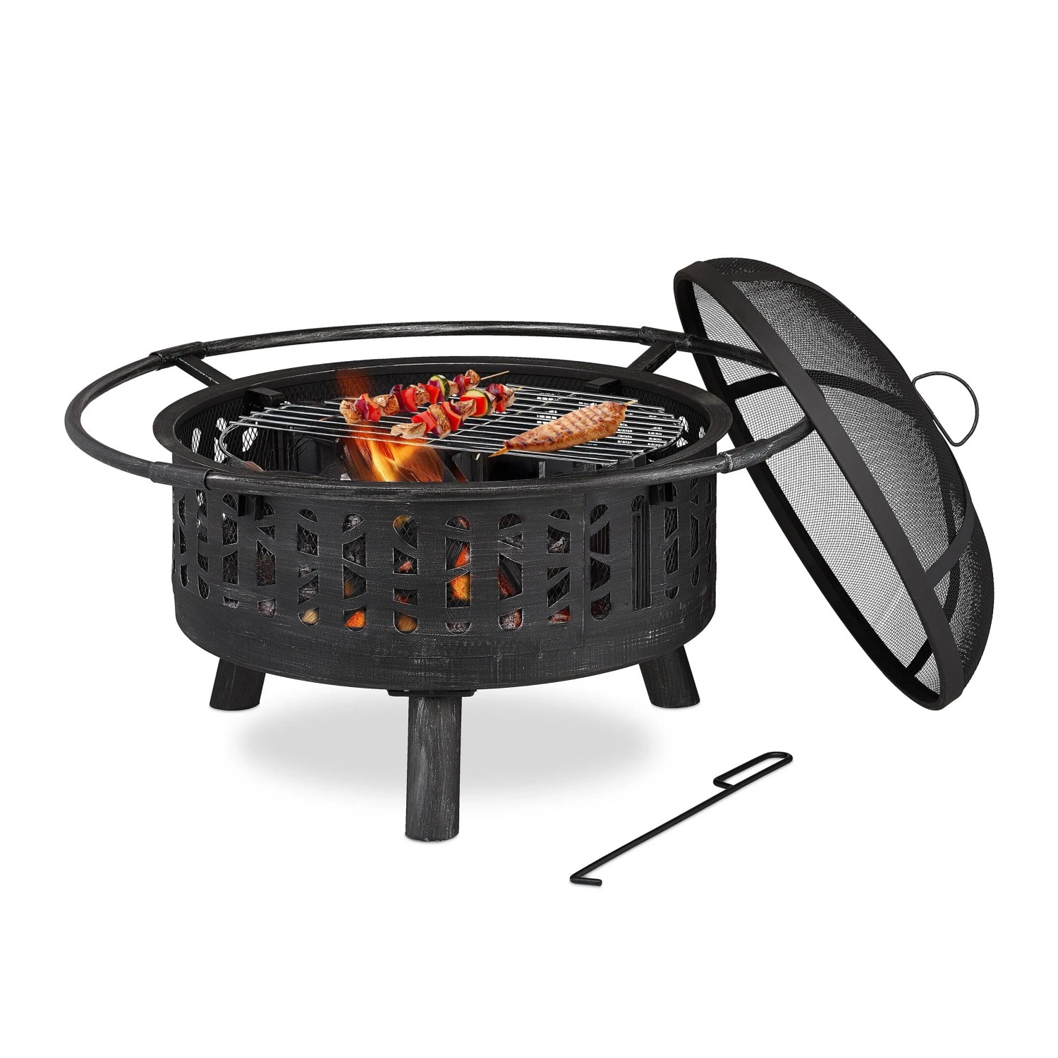 Relaxdays Feuerschale Stahl Schwarz Silber mit Grillrost Funkenschutz 55 cm x 75 cm 8,3 kg
