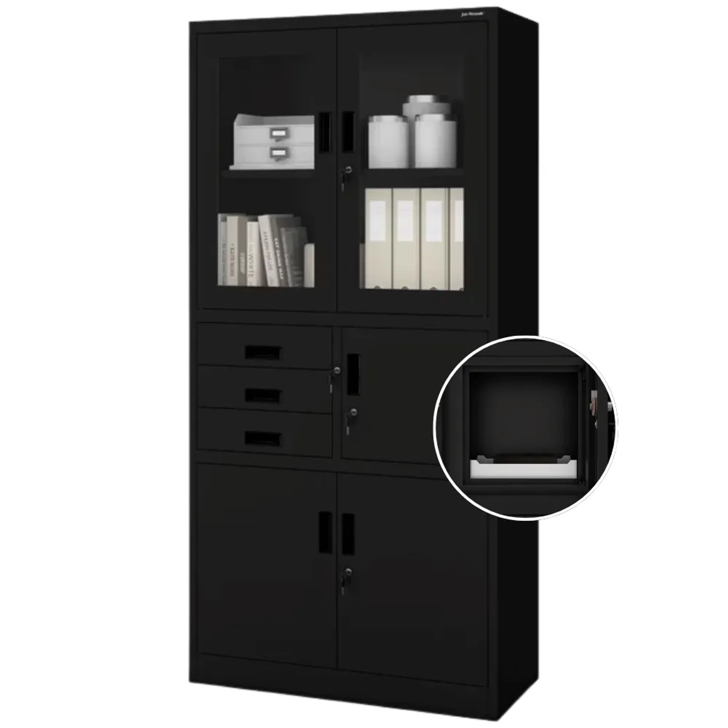 JAN NOWAK Vitrinenschrank Abschließbar FILIP mit Tresor 185 x 90 x 40 cm Schwarz
