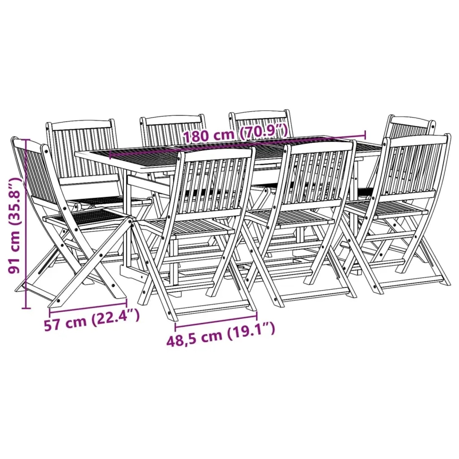 vidaXL 9-tlg. Garten-Essgruppe aus Akazienholz mit Tisch und 8 Stühlen, Umrisszeichnung mit Maßen.