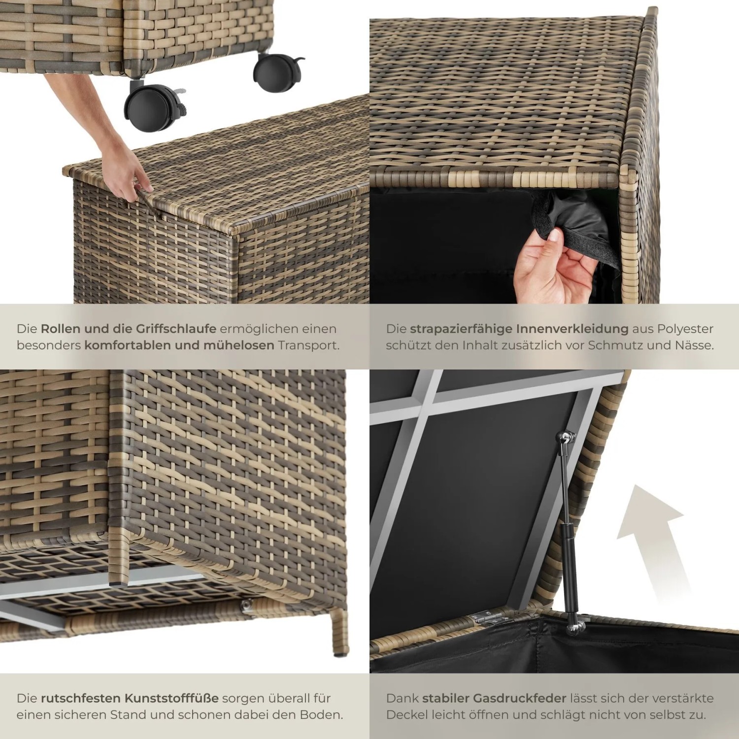 Tectake Auflagenbox Kuusamo, 253 L, Rattangeflecht, Rollen und Griff, ideal für Garten Ordnungssysteme.