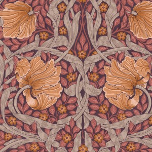 Detailansicht: William Morris Vliestapete Pimpernel in Lila mit floralem Muster.