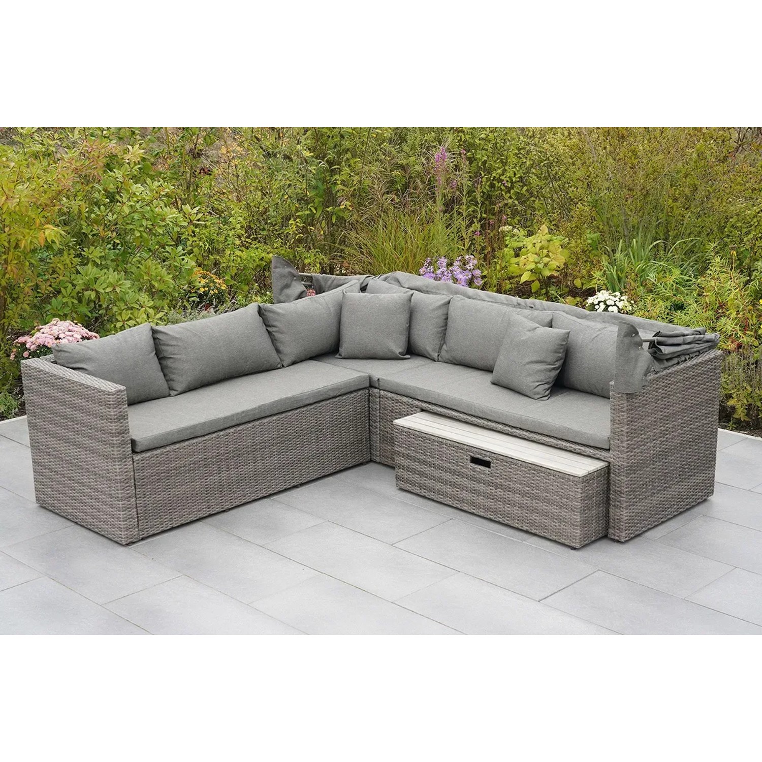 Gartenmöbel Lounge-Gruppe San Marco, Ecklounge mit Dach und grauen Kissen.