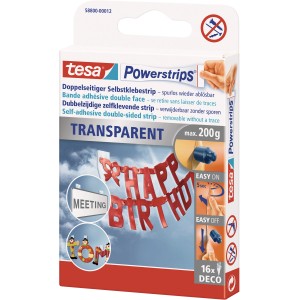 Tesa Powerstrips Deco Transparent, 16 Stück, für spurloses Befestigen von Deko-Elementen.