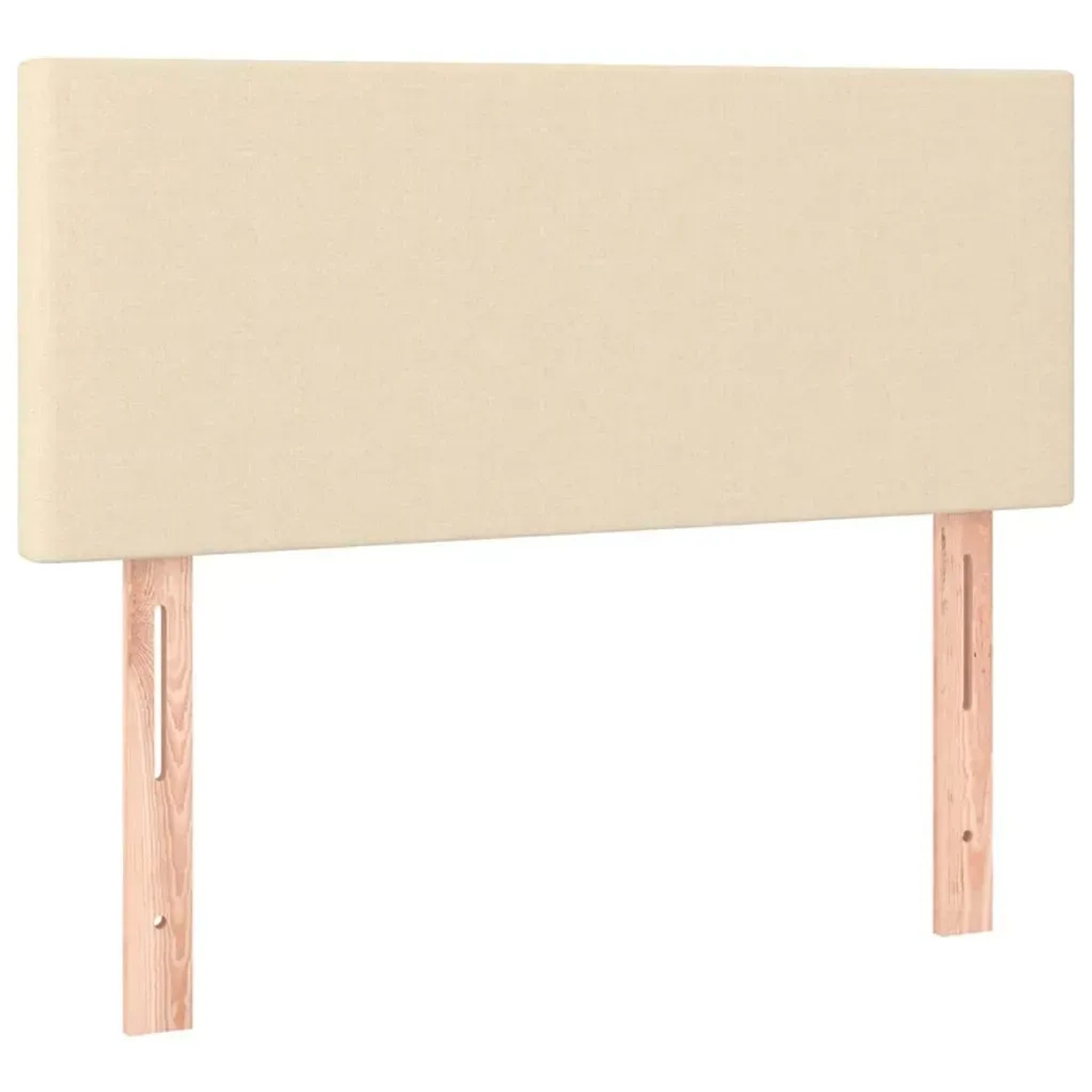 Cremefarbenes Boxspringbett Kopfteil mit Holzfüßen, Stoffbezug. Passend für Betten.
