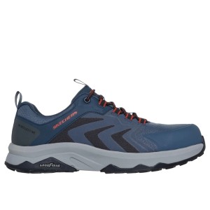 Dunkelblauer Skechers Speed-Flex Trekker S3S Sicherheitsschuh mit orangefarbenen Schnürsenkeln und robuster Goodyear-Sohle.