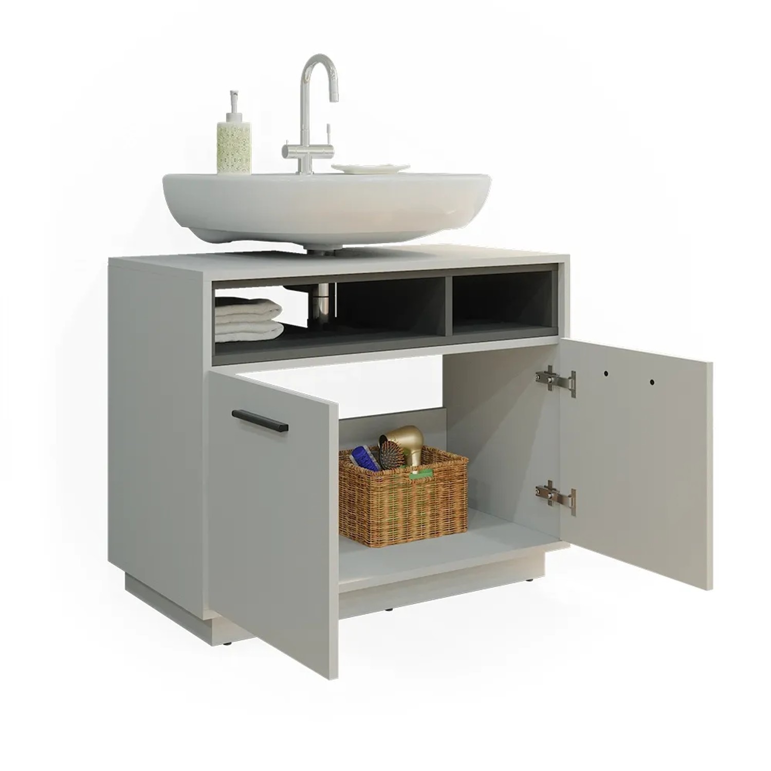Vicco Waschbeckenunterschrank Beatrice, grau/anthrazit, 80x64 cm, mit offenem Stauraum und zwei Türen.