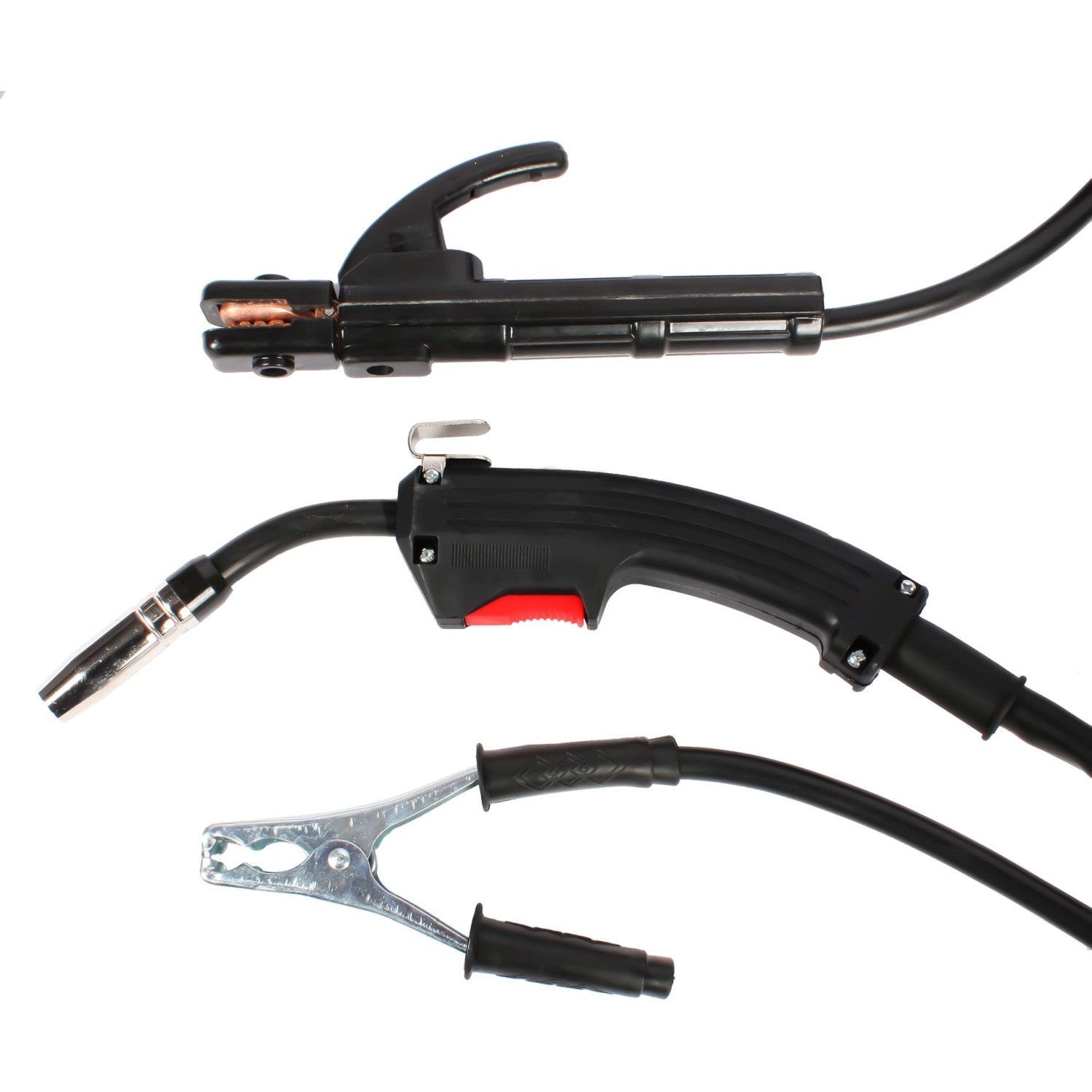 Zubehör für Atrox Mini-MIG 140 Schweißgerät: Elektrodenhalter, Schweißpistole und Masseklemme.