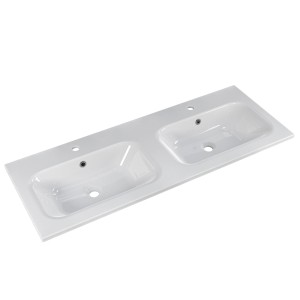 Weißes Pelipal Mineralmarmor-Doppelwaschbecken Quantum 07, 121 cm, mit zwei Becken und Armaturbohrung.