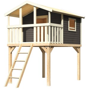 Karibu Stelzenhaus Benjamin in Terragrau mit Holzleiter. Spielturm aus Fichtenholz mit Leiter.