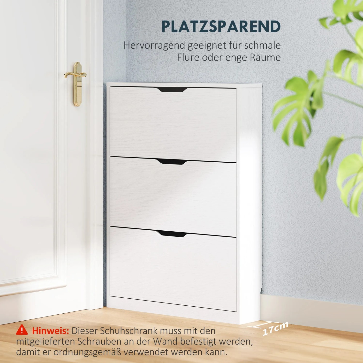 Weißer HOMCOM Schuhschrank mit drei Klappen für ca. 9-12 Paar Schuhe.