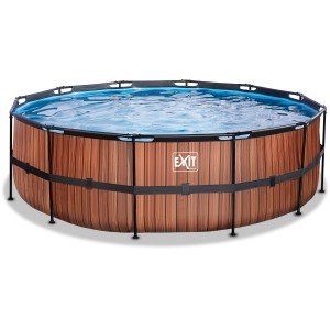 Runder EXIT Wood Pool Ø450cm mit Holzoptik, Stahlrahmen, Sandfilterpumpe und Poolleiter.