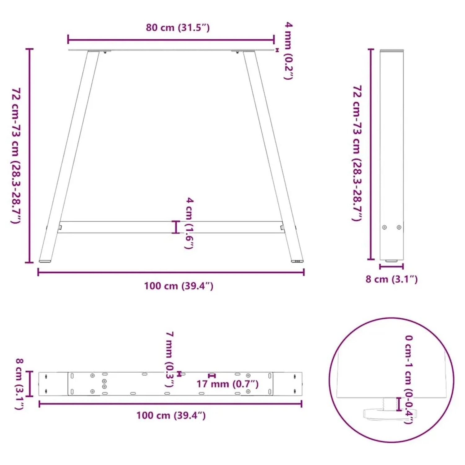 vidaXL Esstischbeine A-Form, 2 Stk., schwarz, Stahl, 100x72 cm. Möbelbeine mit Maßangaben.