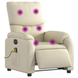 Elektrischer Massagesessel in Creme Kunstleder mit Vibrationsmassage und Seitentasche.
